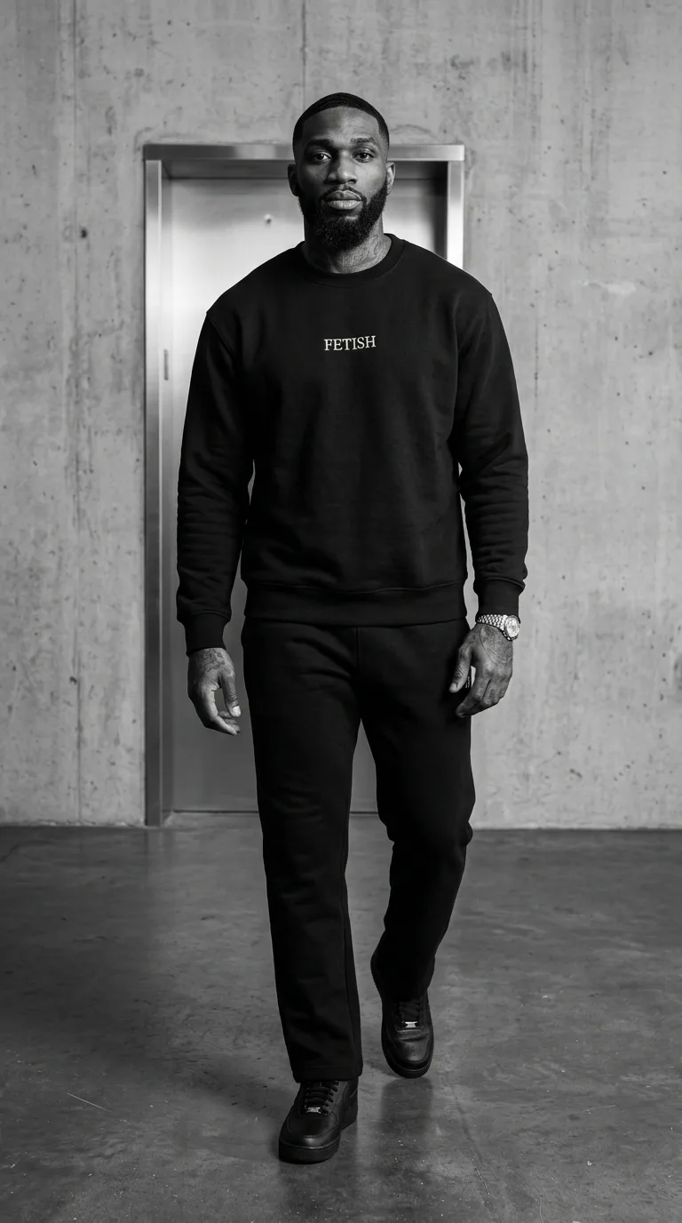 Ty Rich walking through a studio in a black FETISH crewneck and matching sweatpants