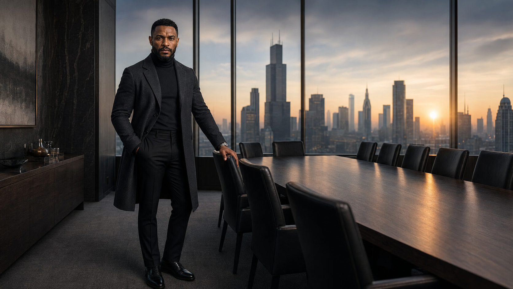 SEN CARTER — Boardroom Sunrise — the editorial series built on restraint, posture, and Chicago ambition.