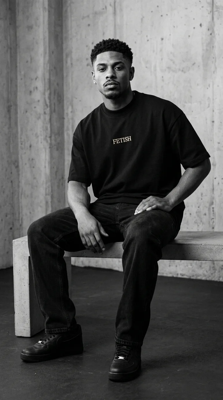 Saint Vale seated on a concrete bench in a black FETISH tee and dark denim