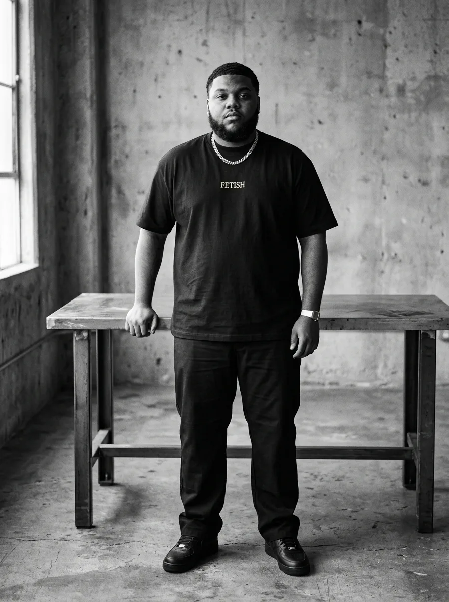 Vell standing beside a studio worktable in a black FETISH tee and black trousers