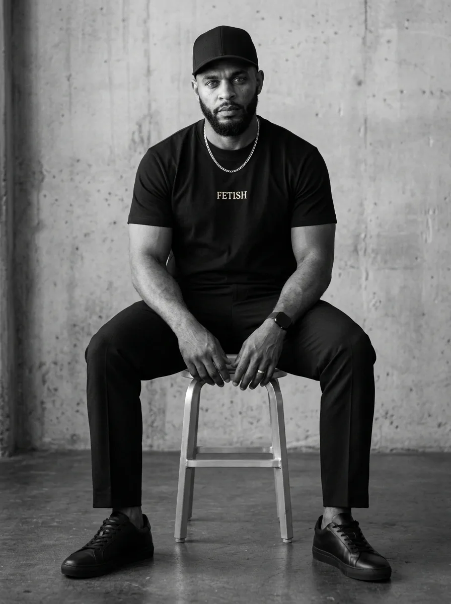 Swain seated on a steel stool wearing a black FETISH tee, black cap and black trousers