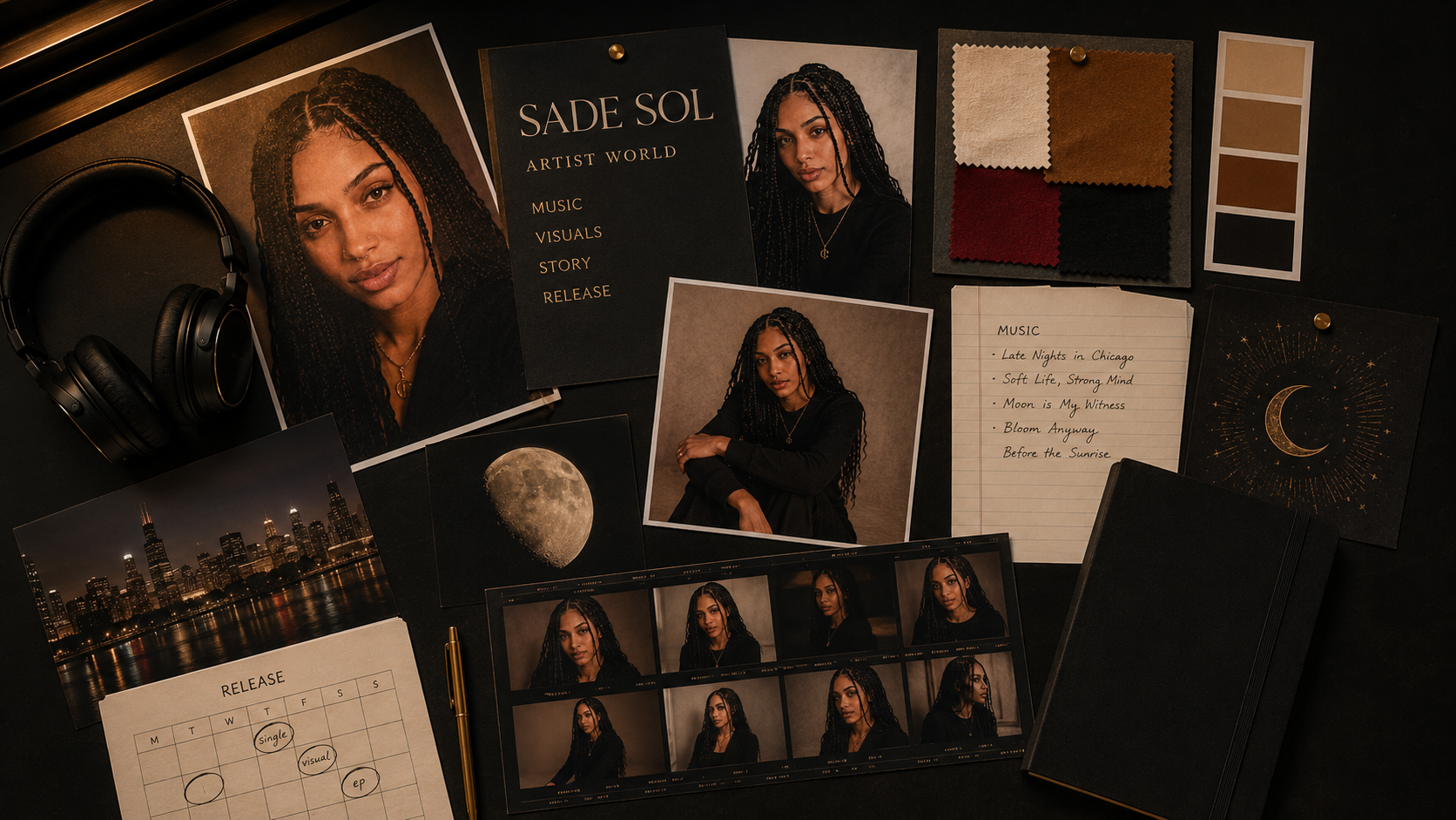 SADE SOL — The development board — music, visuals, story, release mapped in one room.