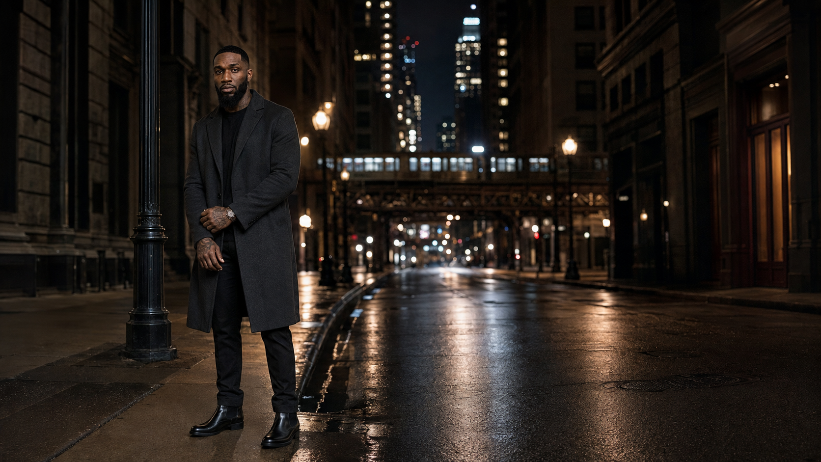TY RICH — The city as backdrop and origin story — wet streets, the L, low light.