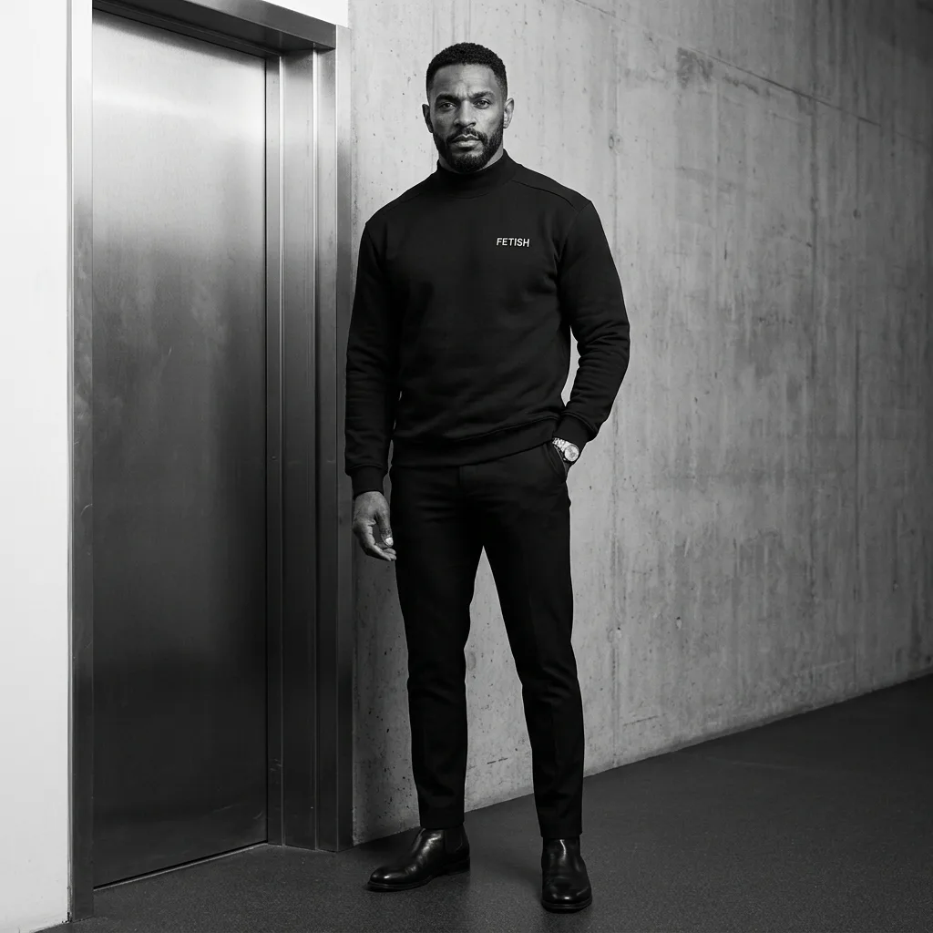Sen Carter posing beside a steel studio doorway in a black FETISH sweatshirt and tailored trousers